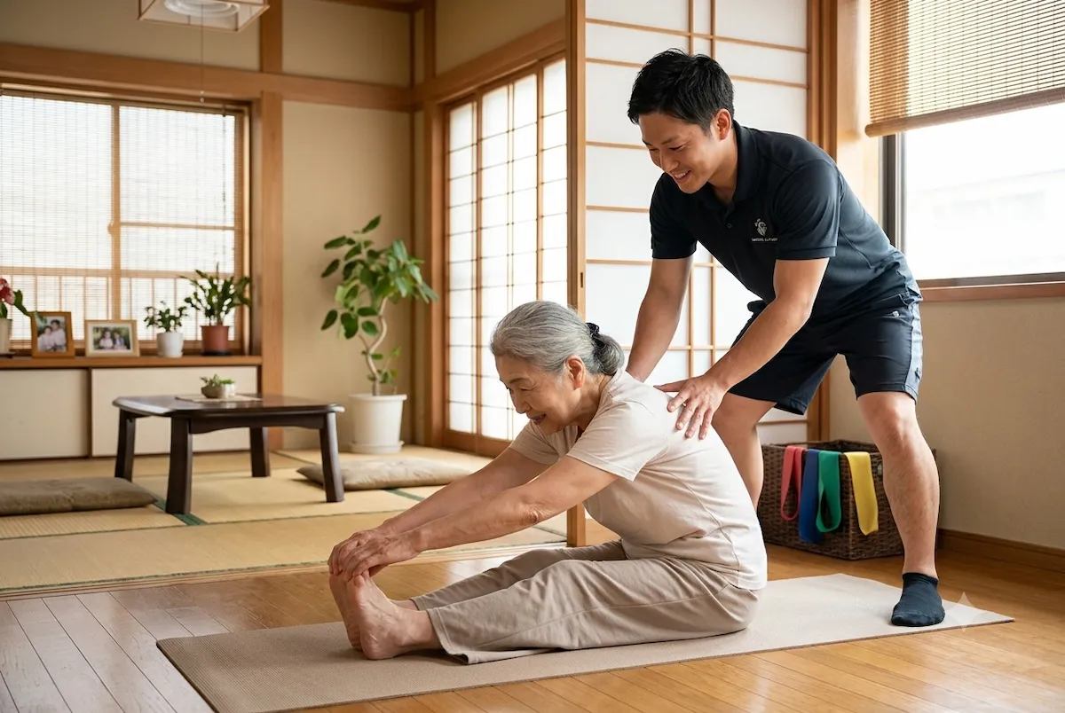 トレーナーがストレッチをサポートする様子